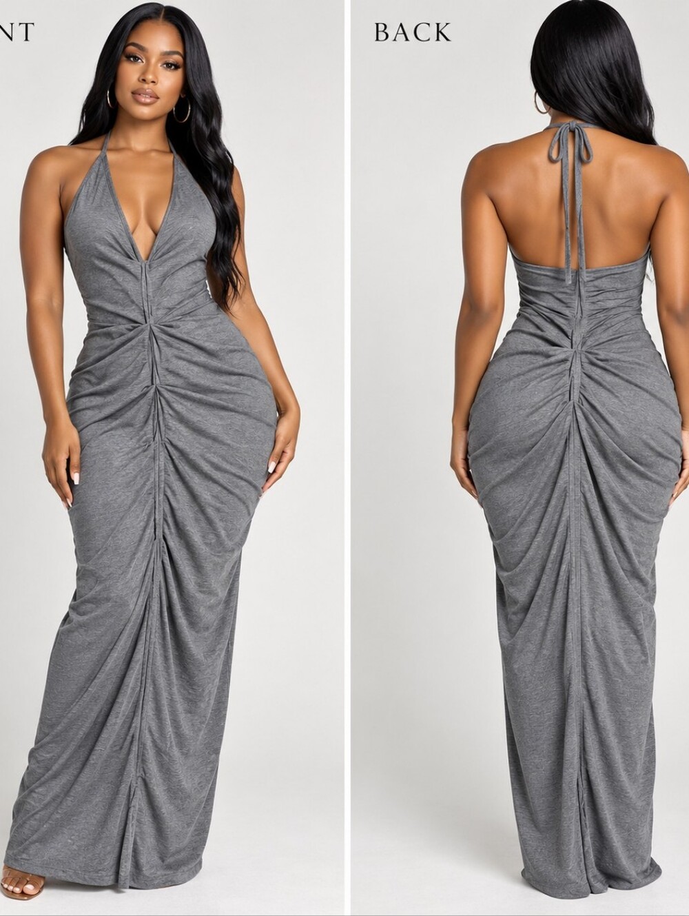 Gray Ruched Halter Maxi Dress Bodycon Gathered Stretch Knit M